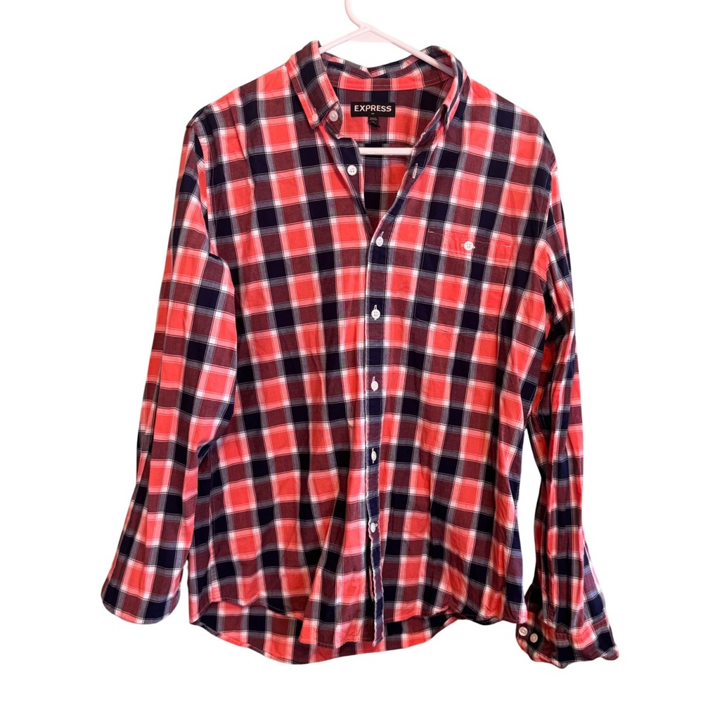 Express Mensâ Plaid Button Down Shirt Orange Navy Blue White Long Sleeve Size M